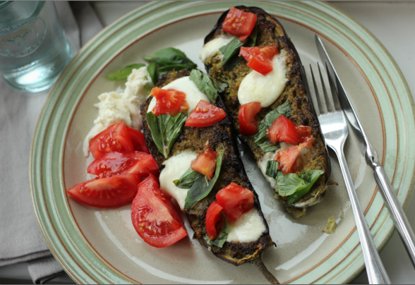 Grilled aubergine with pesto